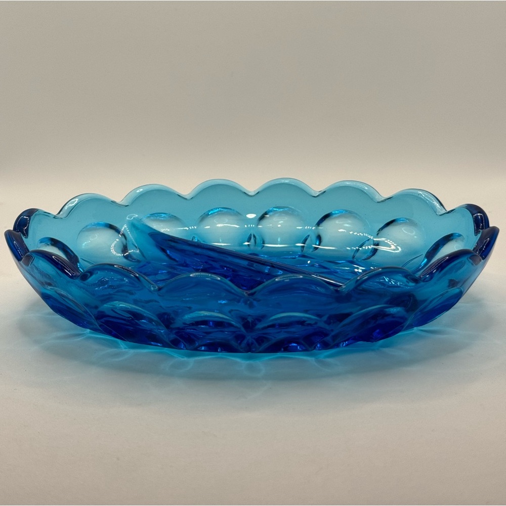 Vintage Anchor Hocking Fairfield Pattern Laser Blue Glass Divided Oval Dish 70’s